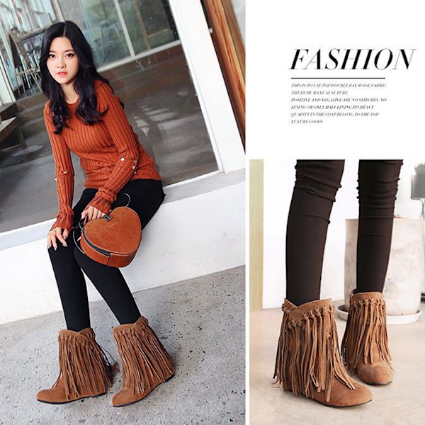 Cowboy Cowgirl-støvler med frynser for kvinner, spiss tå, dra på-stil, vestlige ankelstøvletter Brown 39