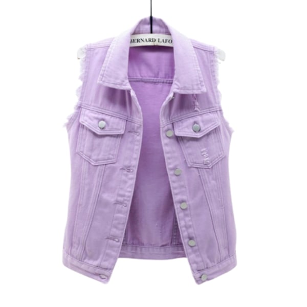 Ärmlös Candy Color Ripped jeansväst för kvinnor Purple M