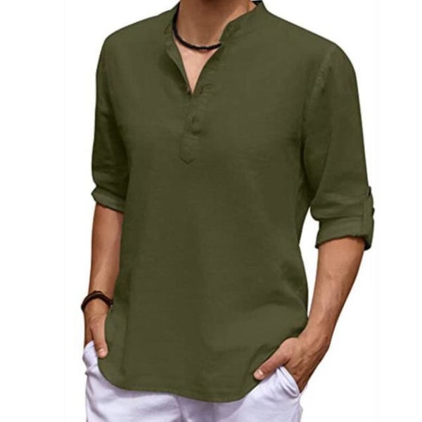 Herrskjorta i bomullslinne med knytknapp på mitten av ärmen Green XL