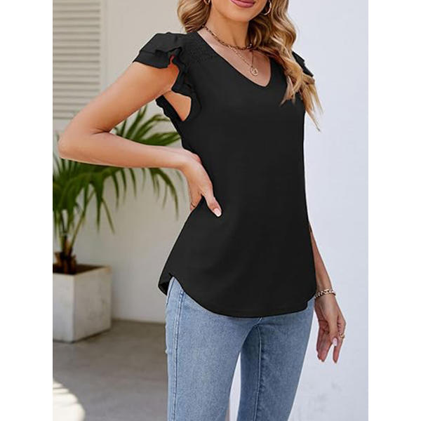 Dame Casual Ruffle Korte Ærmer Topper Solid Farve Strikket Ribbet T-Shirts XXL