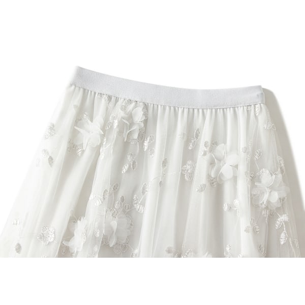Dame Blomstret Midi Skørt Højtaljet A-Linje Sød Lagdelt Fe Mesh Tulle Plettet Skørt White