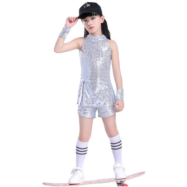 Jazzdräkter för flickor, streetdancedräkter, paljettklänningar för cheerleading team silver 160cm