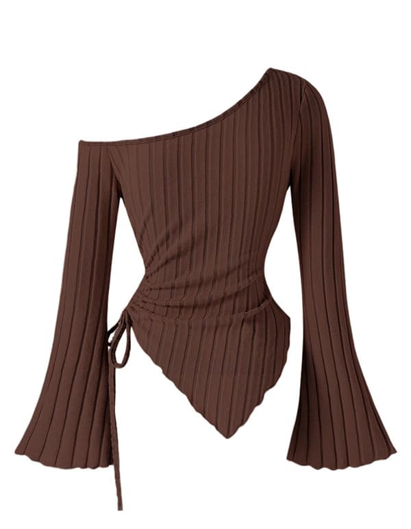 Langærmet damebluse med bare skuldre og asymmetrisk top coffee L