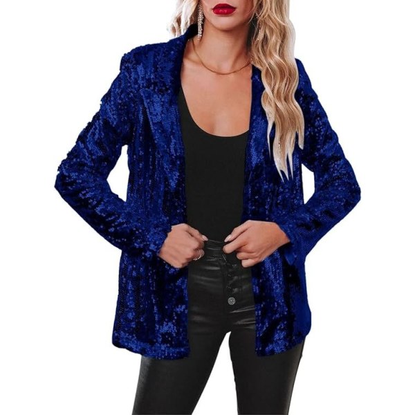 Kvinnors Sekvensbluse Glitter Glimrande Öppen Fram Casual Långärmad Blazer Kavaj Blue S