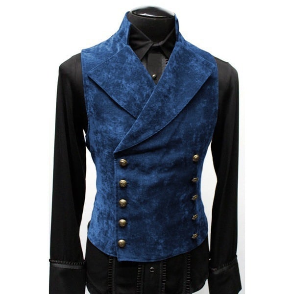 Hernesett for menn i kunstig skinn, dobbeltknappet, smal passform, gotisk steampunk, gentleman-smoking Blue 2XL