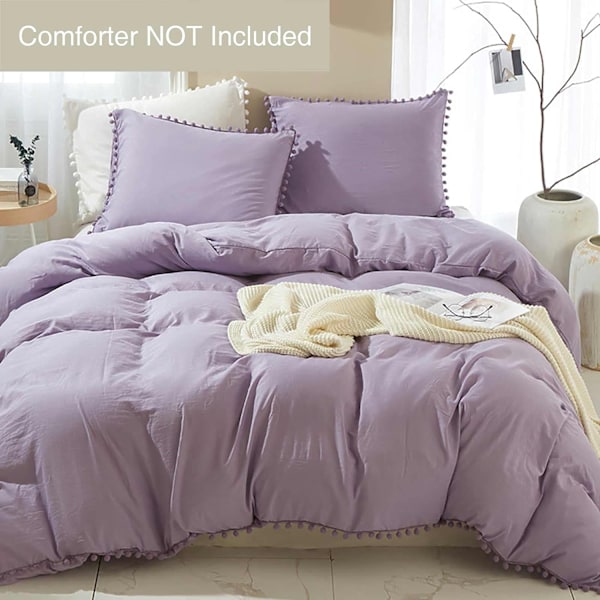 Bomullsöverdrag med Pompom- fransar, 3-delat Bohemiskt Mikrofiberset Purple Twin-168*228cm