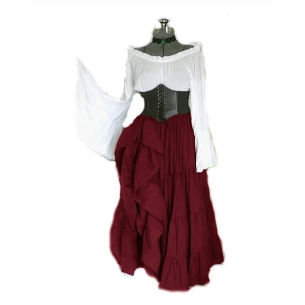 Kvinders Renaissance Middelalder Kostume Flare Ærme Korset Skørt Overskørt Fancy Dress Wine Red XL