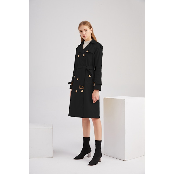 Kvinnors Trenchcoat Lång Dubbelknäppt Höstmode Klassisk Krage Slank Överrock Black M