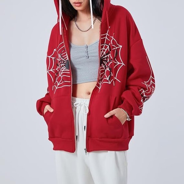 Dame Y2k Lynlås Spider Grafisk Hoodie Halloween Rhinestone Oversized Hoodies red S