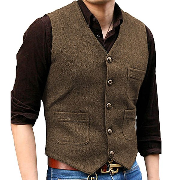 Herrar Vintage Tweed Väst V-ringad Casual Ull Väst Brown L