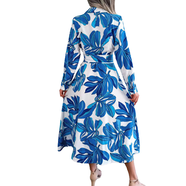 Elegant Damekjole med Langærmer, Lapel og A-linje Blue M