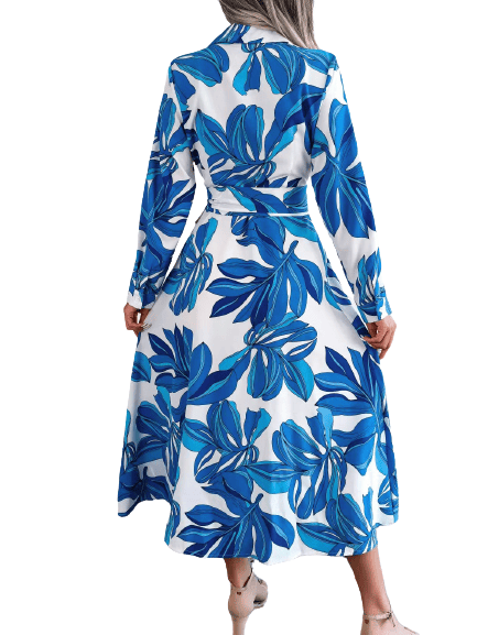 Elegant Damklänning med Lång Ärm, Krage och A-linje Blue M