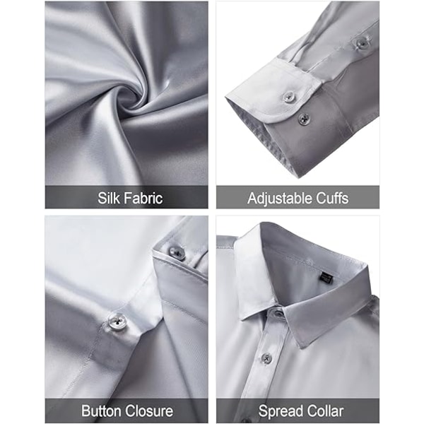Långärmade klänningskjortor i sidensatin för män Glänsande Casual Button Down-skjorta Sliver L