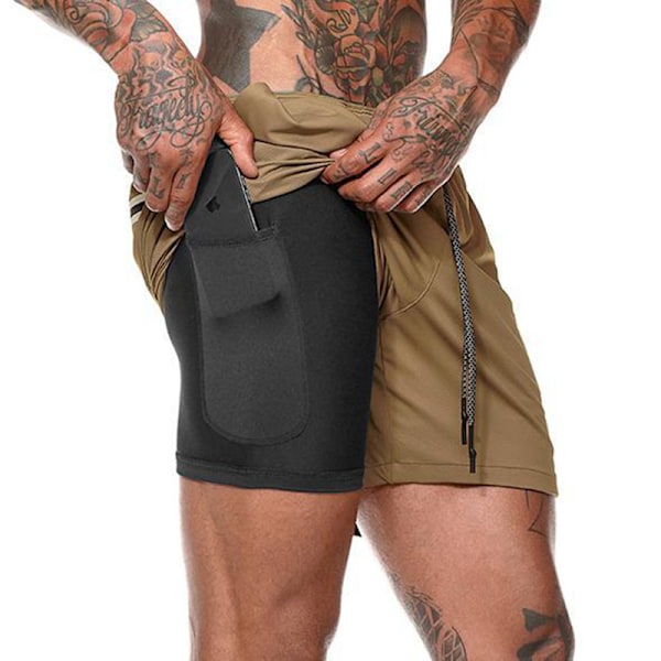 Herre 2-i-1 Løpe Shorts Pustende Aktiv Trenings Shorts Khaki L