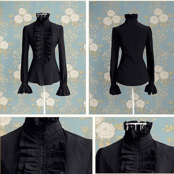 Dame Victorian Bluser Langærmet Gothic Skjorte Toppe Black 2XL