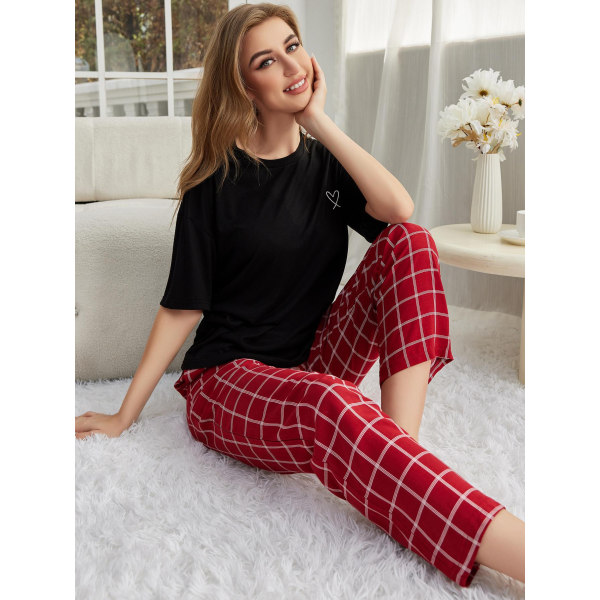 Dam bomull Linne Lounge Set Kortärmad Top Pyjamas Wide Loungewear Red XL