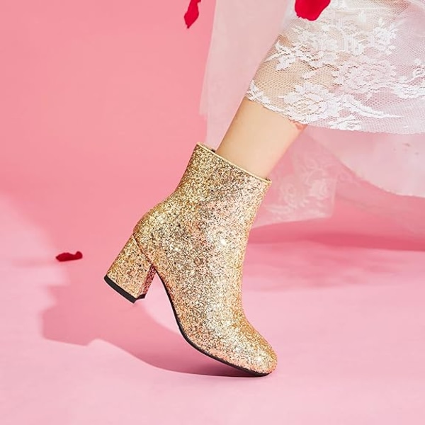 Dampaljetter Glitter Chunky Heel Ankel Boots Gold 39