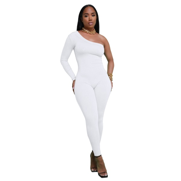 Kvinnor Jumpsuits Elegant långärmad sexig V-hals Casual långa Leggings White L