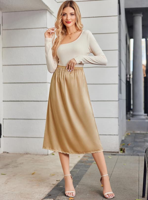 Kvinders Satin Halv Slip Lace Lang Underskjørt champagne L