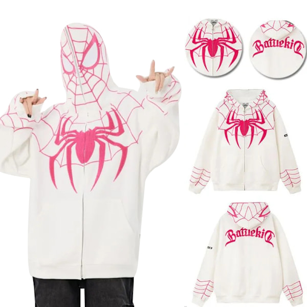 Huvtröja med dragkedja för män, spindelgrafik, långärmad white XL