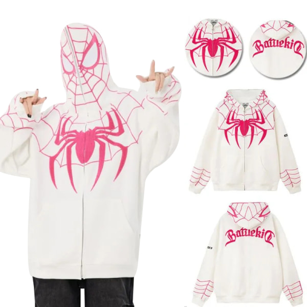 Män Spider Graphic Full Zip Up Huvtröja Långärmad tröja white XL