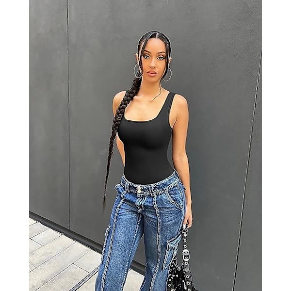 3-delt Bodysuit for Kvinner - Sexy Ribbet En-delt Tanktopp uten Ermer Black Dark Grey Beige M