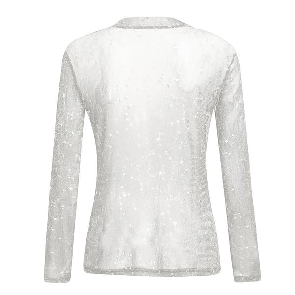 Kvinnors långärmade kort glitter skira mesh toppar White M