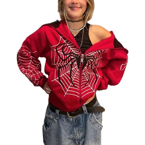 Kvinnor Y2K Spindelnät Hoodies Grafisk Zip Front Sweatshirts XL