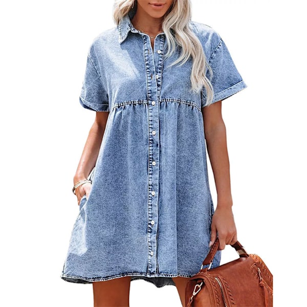 Kvinners kortærmet knappestoppende flytende lagdelt babydoll-denimkjole Light Blue 2XL