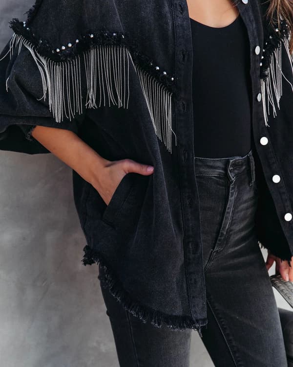 Avslappnad Denimjacka med fransar för kvinnor Black XL