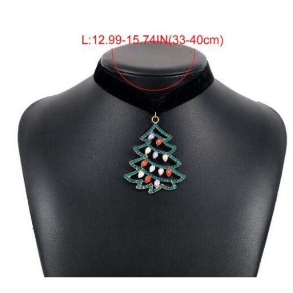 Kvindes Jule Rhinestone Fløjl Choker Vedhæng Halskæde Christmas tree