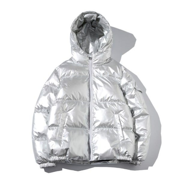 Casual Hooded Metallic Shiny Short Coat för män silver 4XL