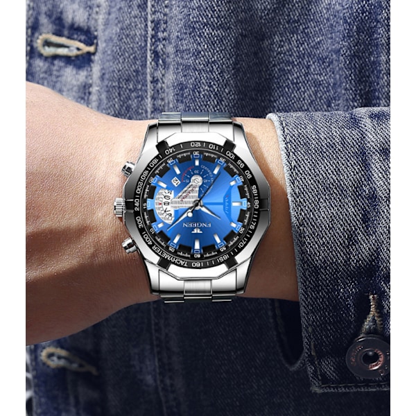 Herre-ur i læder med skelet-design og automatisk mekanisk urværk Black steel-blue side