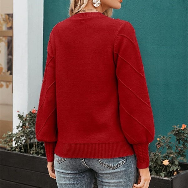 Långärmad stickad tröja för kvinnor med pompom-detalj Red M