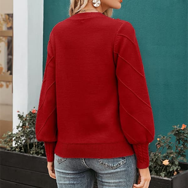 Stickad Tröja för Kvinnor med Pompom och Lanternärm Red 2XL