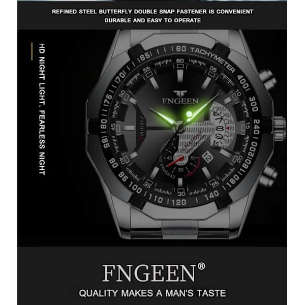 Herre-ur i læder med skelet-design og automatisk mekanisk urværk Black steel - black face