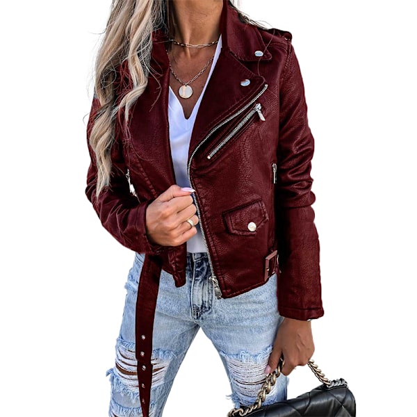 Kvinnors konstläderjacka, dragkedja, motorcykelkort PU-jacka Wine Red L
