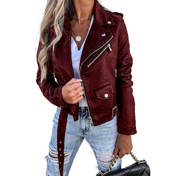 Kvinnors konstläderjacka, dragkedja, motorcykelkort PU-jacka Wine Red M
