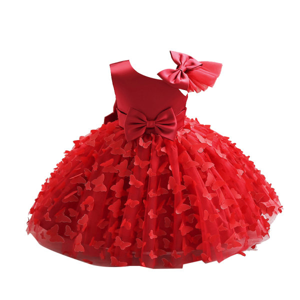 Flickor Tulle En-axlad Klänning, Toddler Bowknot Formell Fest Bröllop Tutu Klänning RED 120CM