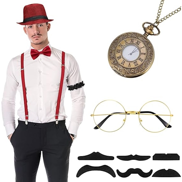 1920-tals Herr Gatsby 8-delad Tillbehörssats Hatt Suspender Fluga Red