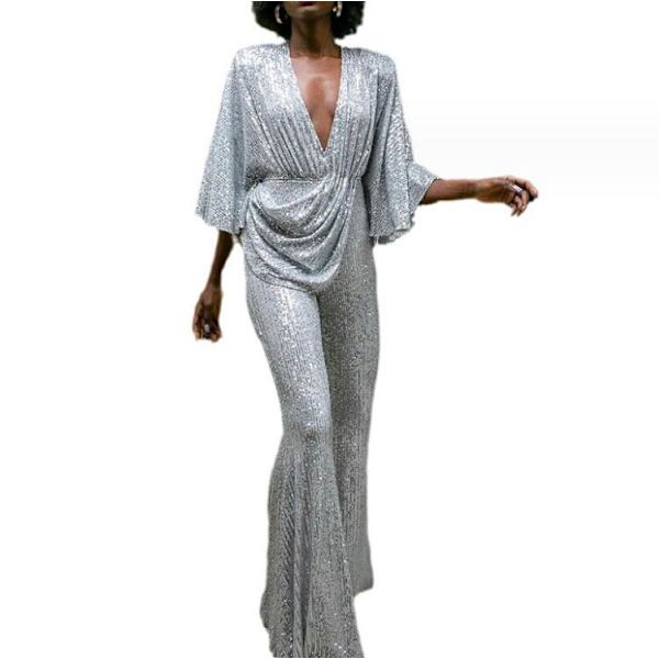 Sexy Jumpsuit til Kvinder med Paljetter, Dyb V-Udsnit og Stropper M