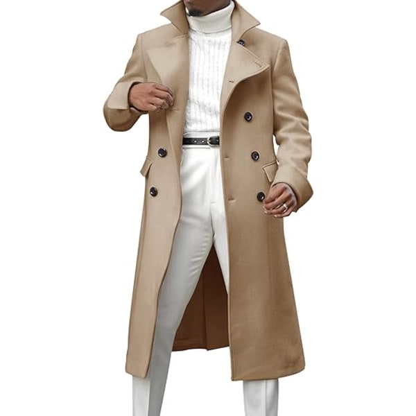 Mäns Notch Lapel Dubbelknäppt Lång Trench Coat Casual Cotton Blend Peacoat Khaki 2XL