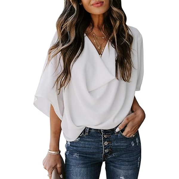 Bluser og topper for kvinner med korte ermer, chiffon skjorter og topper White M