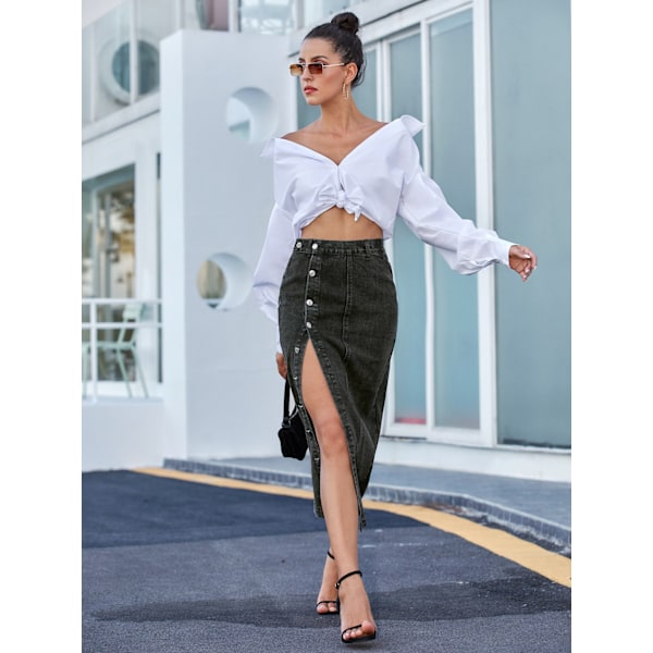 Dam Casual Slitsad Denim Midi Jeanskjol black XS