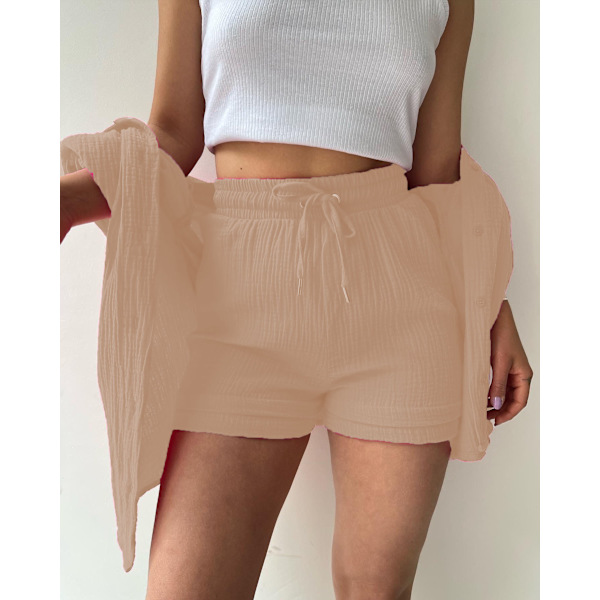 Dam 2-delad byxa set Linne Shirtort set khaki L