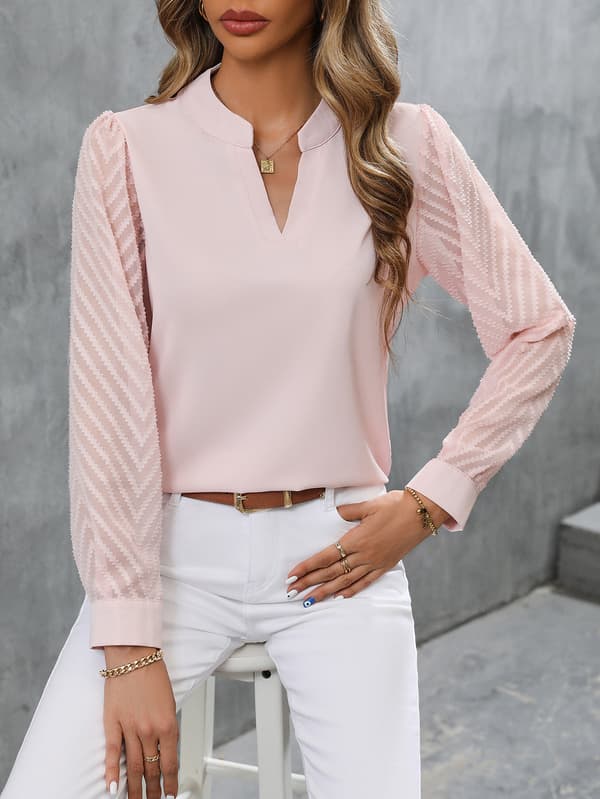 Dam Blusar i Chiffon med Lång Ärm, V-ringad, Casual Pink L