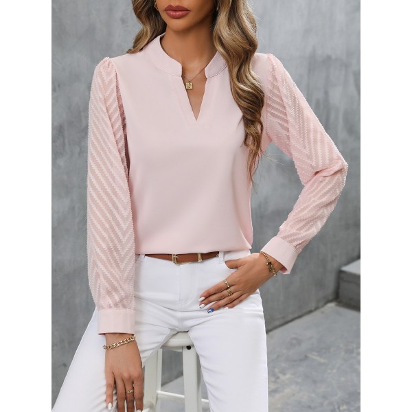 Kvinner Chiffon Bluser med Lange Ermer V-Hals Casual Skjorter Pink L