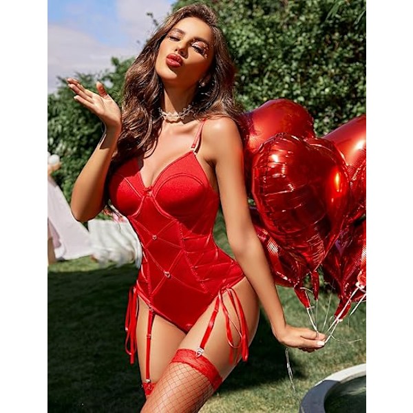 Sensuell Korsett-Og-Strømpebånd-Lingerisett For Kvinner Red L