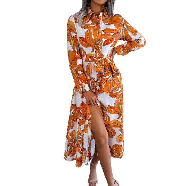 Elegant Damklänning med Lång Ärm, Krage och A-linje Orange XL