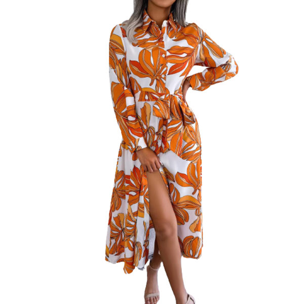 Kvinnors eleganta temperament långärmade lapel A-linjeklänning Orange S